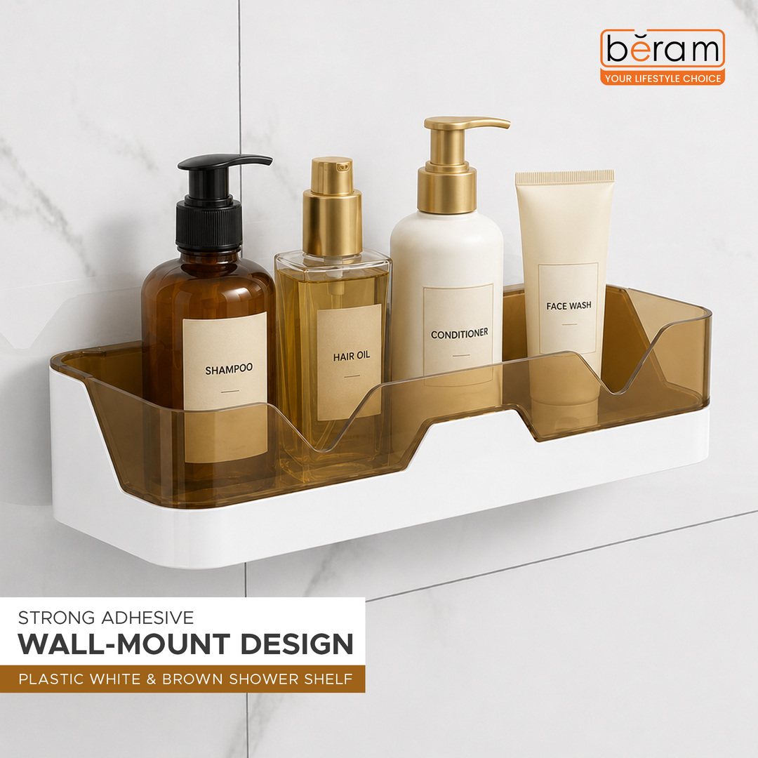 Beram Wall Mounted Adhesive  Plastic Shower Rack  White & Brown Bathroom Storage Organizer for Shampoo Soap & Toiletries Space Saving Drainage Shelf Bathroom Accessories Holder