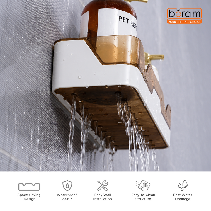 Beram Wall Mounted Adhesive  Plastic Shower Rack  White & Brown Bathroom Storage Organizer for Shampoo Soap & Toiletries Space Saving Drainage Shelf Bathroom Accessories Holder