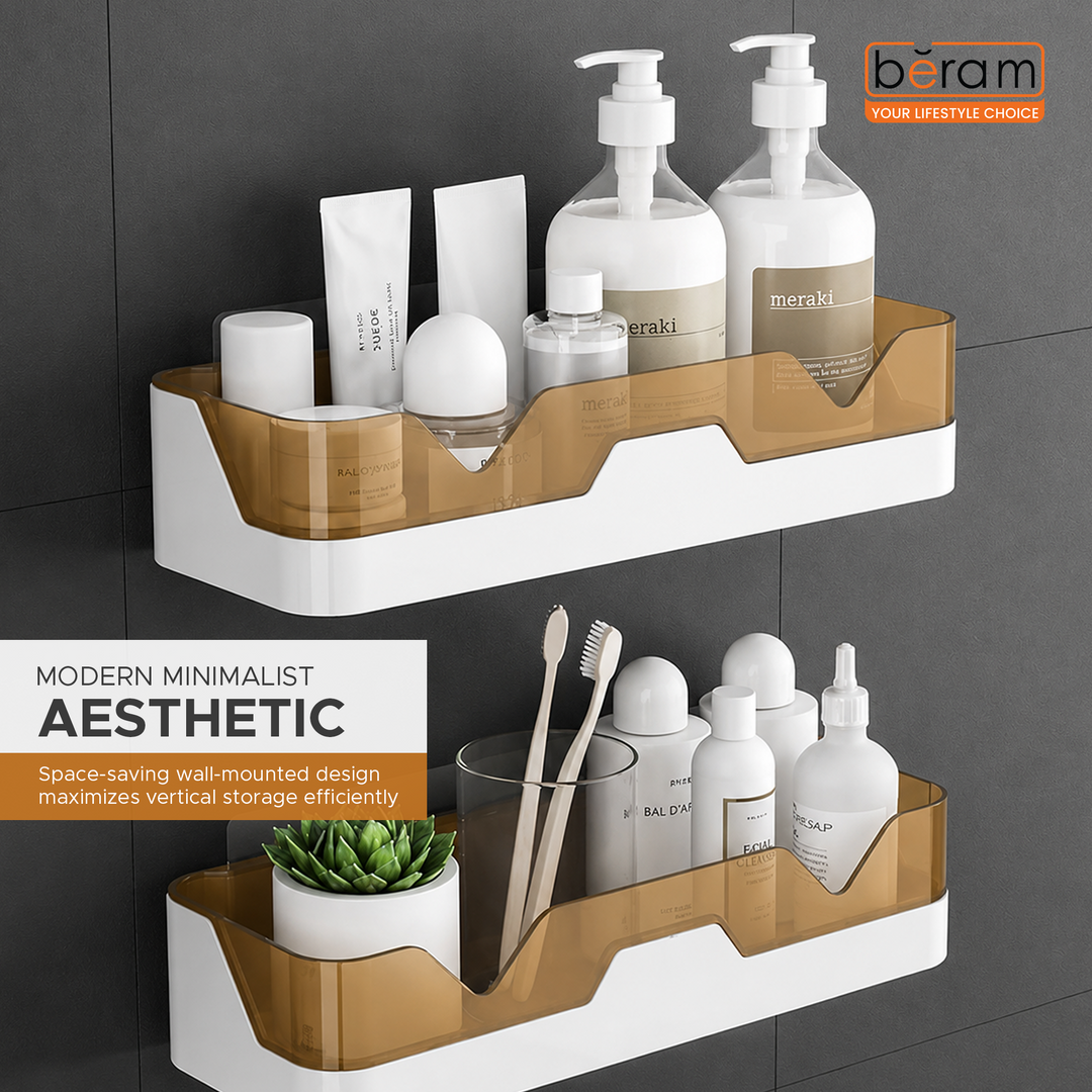 Beram Wall Mounted Adhesive  Plastic Shower Rack  White & Brown Bathroom Storage Organizer for Shampoo Soap & Toiletries Space Saving Drainage Shelf Bathroom Accessories Holder