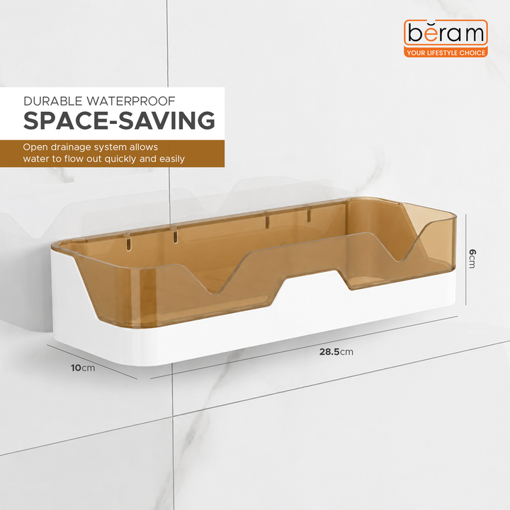 Beram Wall Mounted Adhesive  Plastic Shower Rack  White & Brown Bathroom Storage Organizer for Shampoo Soap & Toiletries Space Saving Drainage Shelf Bathroom Accessories Holder