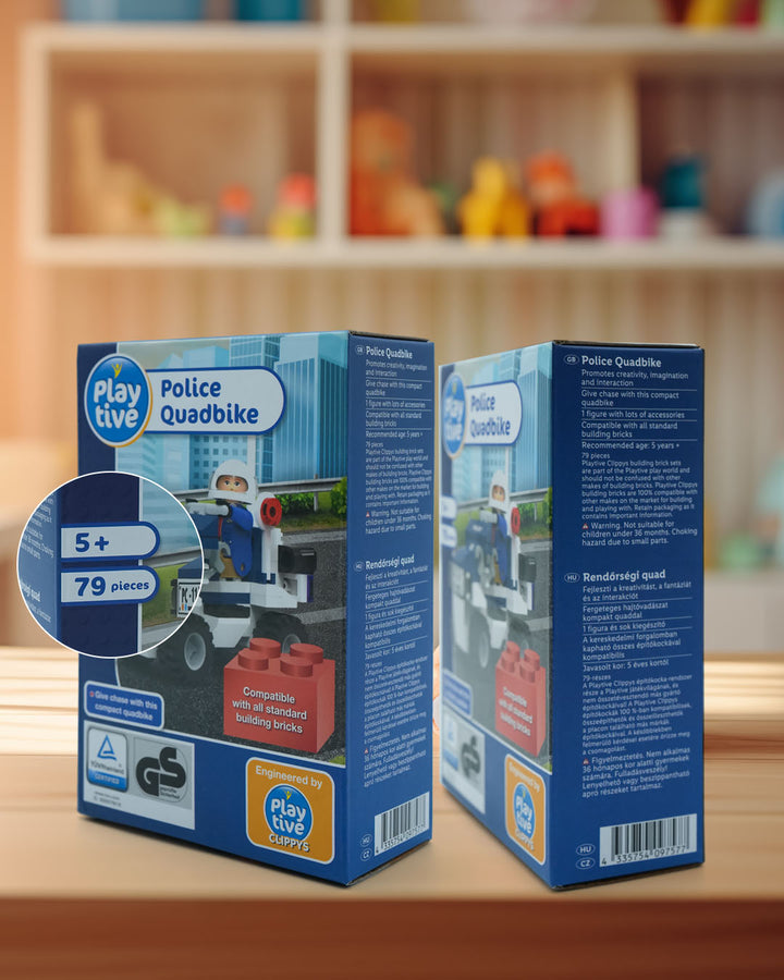 Playtive Clippys Police Quadbike Building Set – 79-Piece Construction Kit with Police Officer Minifigure, Compatible with Major Brick Brands, TÜV Rheinland Certified, Ages 5+, Encourages Creative Play and Motor Skills Development