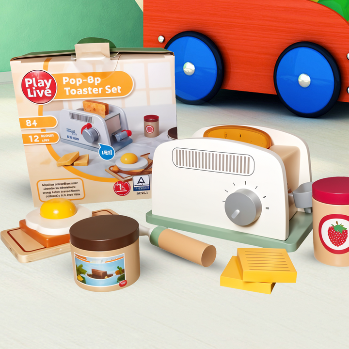 Playtive Pop-Up Toaster Set – 12-Piece Wooden Breakfast Role Play Toy for Kids 2+, Includes Toaster, Toast, Egg & Spreads, Promotes Creativity & Imagination, Durable Real Wood, TÜV Certified, 3-Year Warranty
