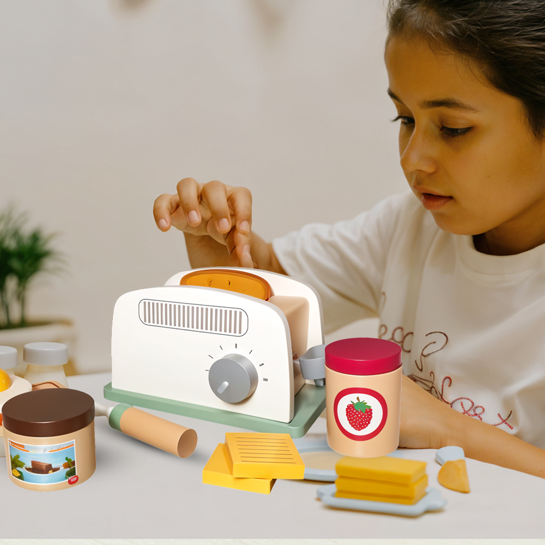 Playtive Pop-Up Toaster Set – 12-Piece Wooden Breakfast Role Play Toy for Kids 2+, Includes Toaster, Toast, Egg & Spreads, Promotes Creativity & Imagination, Durable Real Wood, TÜV Certified, 3-Year Warranty