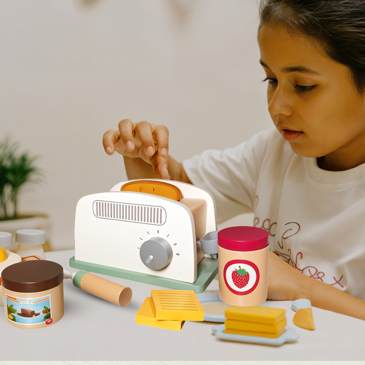 Playtive Pop-Up Toaster Set – 12-Piece Wooden Breakfast Role Play Toy for Kids 2+, Includes Toaster, Toast, Egg & Spreads, Promotes Creativity & Imagination, Durable Real Wood, TÜV Certified, 3-Year Warranty