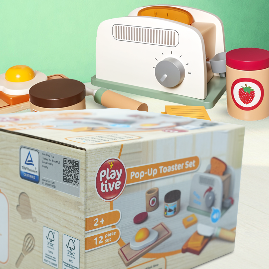 Playtive Pop-Up Toaster Set – 12-Piece Wooden Breakfast Role Play Toy for Kids 2+, Includes Toaster, Toast, Egg & Spreads, Promotes Creativity & Imagination, Durable Real Wood, TÜV Certified, 3-Year Warranty
