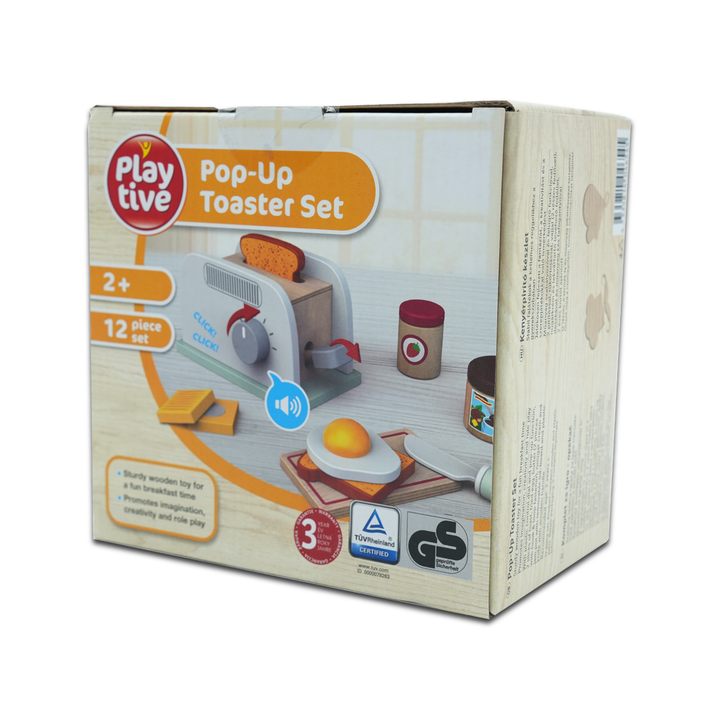 Playtive Pop-Up Toaster Set – 12-Piece Wooden Breakfast Role Play Toy for Kids 2+, Includes Toaster, Toast, Egg & Spreads, Promotes Creativity & Imagination, Durable Real Wood, TÜV Certified, 3-Year Warranty