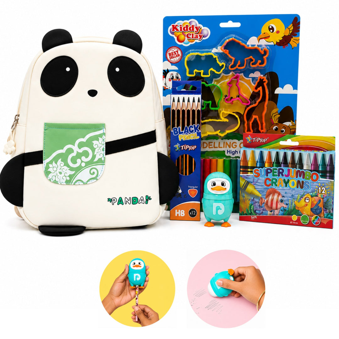 Kids 5-in-1 Stationery Gift Set with Backpack – School Combo Kit with 12 HB Pencils, 12 Colour Crayons, Moulding Clay & Penguin Sharpener for Boys & Girls