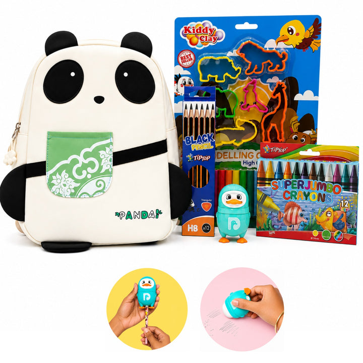 Kids 5-in-1 Stationery Gift Set with Backpack – School Combo Kit with 12 HB Pencils, 12 Colour Crayons, Moulding Clay & Penguin Sharpener for Boys & Girls