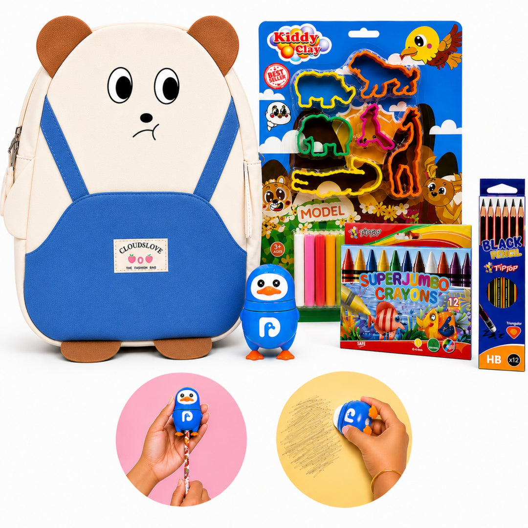 Kids 5-in-1 Stationery Gift Set with Backpack – School Combo Kit with 12 HB Pencils, 12 Colour Crayons, Moulding Clay & Penguin Sharpener for Boys & Girls