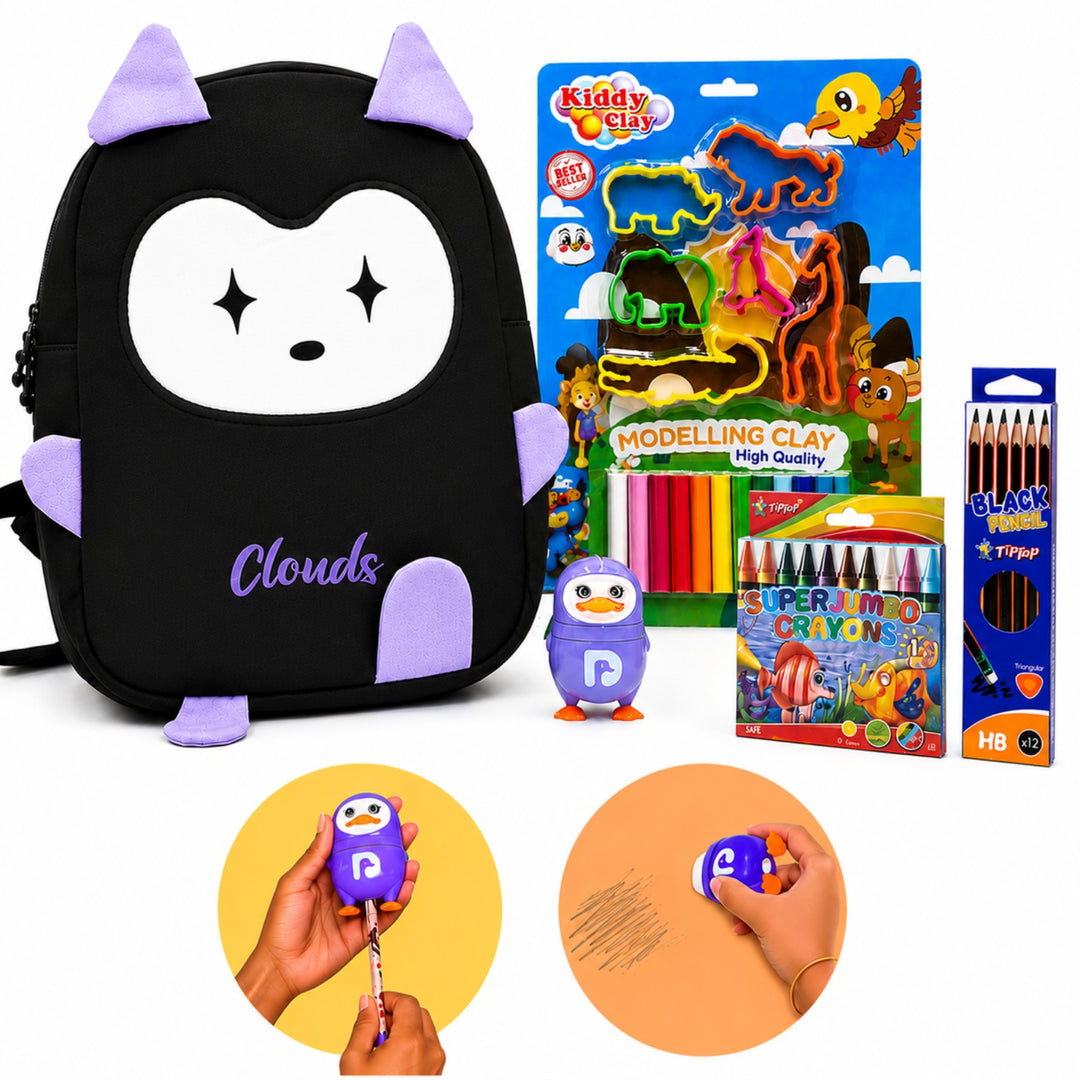 Kids 5-in-1 Stationery Gift Set with Backpack – School Combo Kit with 12 HB Pencils, 12 Colour Crayons, Moulding Clay & Penguin Sharpener for Boys & Girls