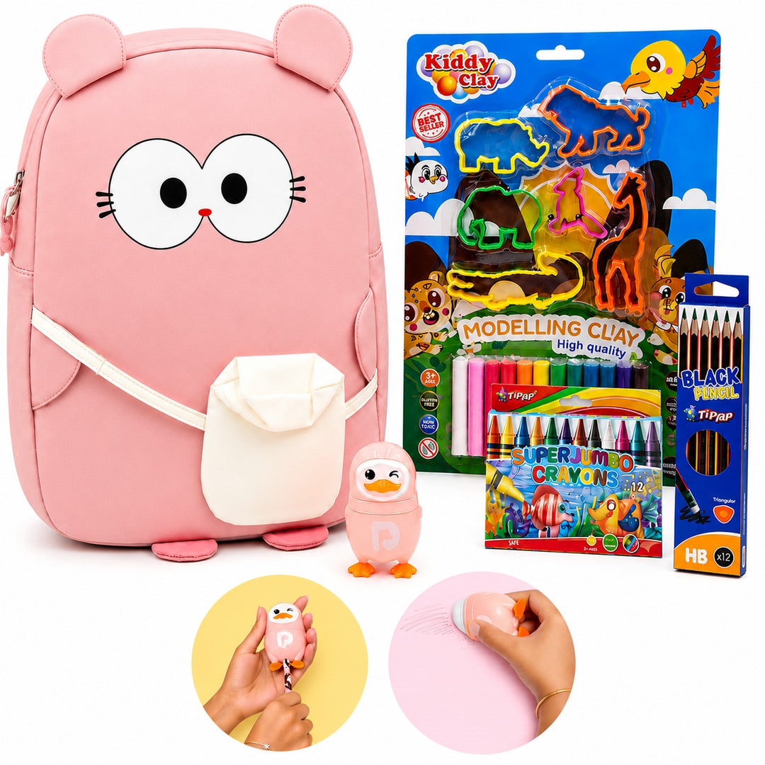 Kids 5-in-1 Stationery Gift Set with Backpack – School Combo Kit with 12 HB Pencils, 12 Colour Crayons, Moulding Clay & Penguin Sharpener for Boys & Girls