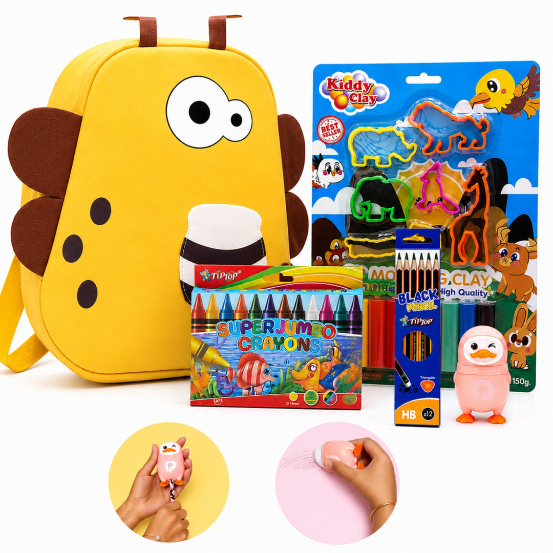 Kids 5-in-1 Stationery Gift Set with Backpack – School Combo Kit with 12 HB Pencils, 12 Colour Crayons, Moulding Clay & Penguin Sharpener for Boys & Girls