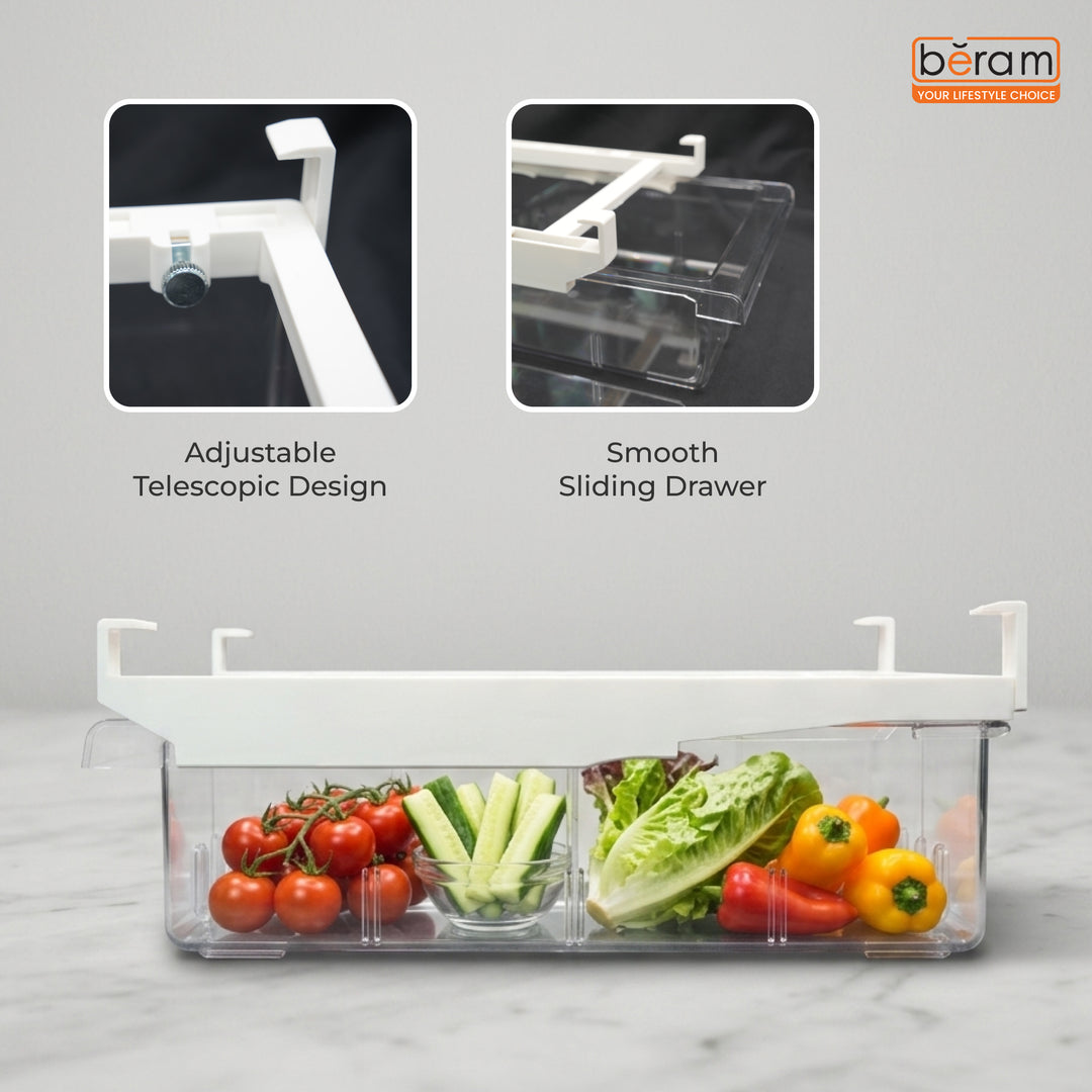 Beram Pull-Out Refrigerator Drawer Extendable Organizer Box Rectangular Fridge Under Shelf Organizer Bin PET ABS Iron Sliding Storage Box for Cheese Deli Meat Drinks Fruits & Vegetables