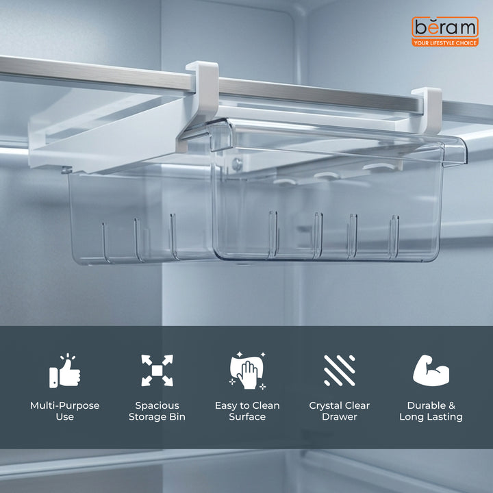 Beram Pull-Out Refrigerator Drawer Extendable Organizer Box Rectangular Fridge Under Shelf Organizer Bin PET ABS Iron Sliding Storage Box for Cheese Deli Meat Drinks Fruits & Vegetables
