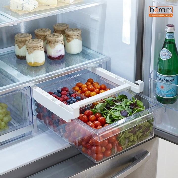 Beram Pull-Out Refrigerator Drawer Extendable Organizer Box Rectangular Fridge Under Shelf Organizer Bin PET ABS Iron Sliding Storage Box for Cheese Deli Meat Drinks Fruits & Vegetables