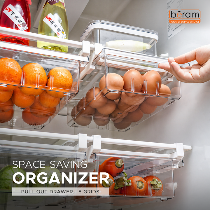 Beram Pull-Out Refrigerator Drawer Extendable Organizer Box Rectangular Fridge Under Shelf Organizer Bin PET ABS Iron Sliding Storage Box for Cheese Deli Meat Drinks Fruits & Vegetables