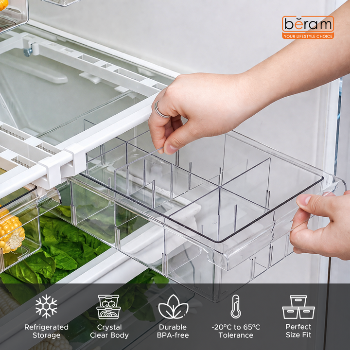 Beram Pull-Out Refrigerator Drawer Extendable Organizer Box Rectangular Fridge Under Shelf Organizer Bin PET ABS Iron Sliding Storage Box for Cheese Deli Meat Drinks Fruits & Vegetables