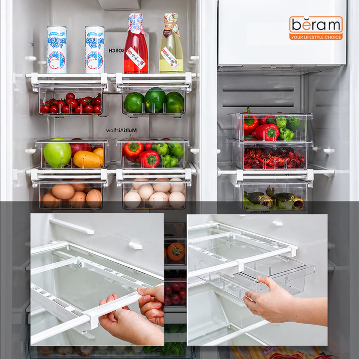 Beram Pull-Out Refrigerator Drawer Extendable Organizer Box Rectangular Fridge Under Shelf Organizer Bin PET ABS Iron Sliding Storage Box for Cheese Deli Meat Drinks Fruits & Vegetables