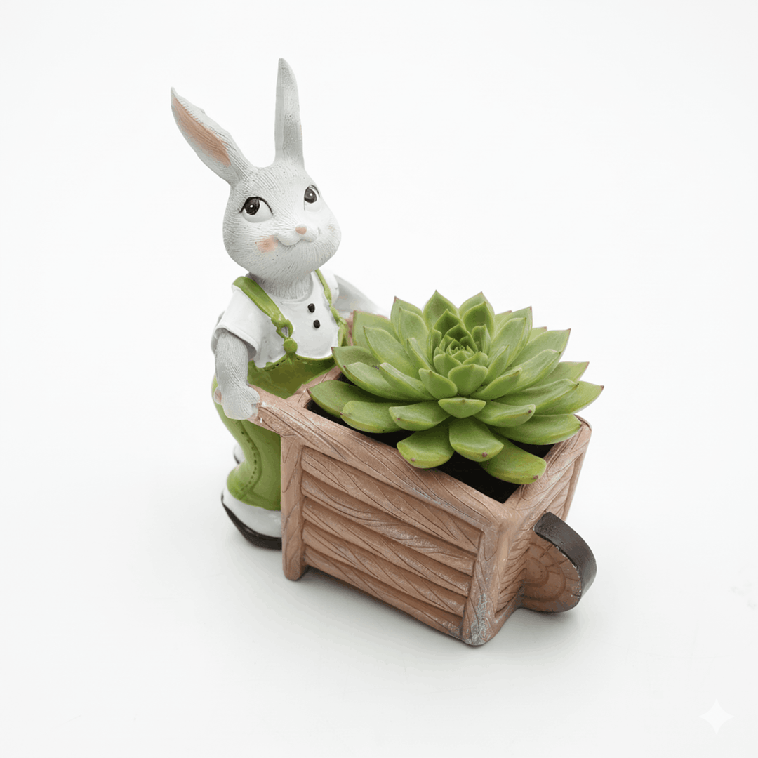 Little Gardener Set Rabbit Bunny Puppy Planter Polyresin Decorative Flower Pot Cute Animal Succulent Planter Cart Design Indoor Outdoor Garden Table Home Office Decor Propagator Kit Gift Set