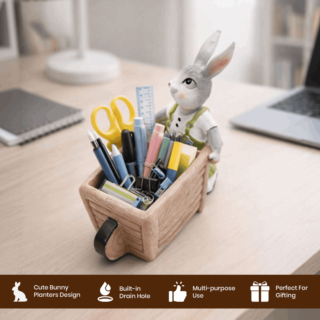 Little Gardener Set Rabbit Bunny Puppy Planter Polyresin Decorative Flower Pot Cute Animal Succulent Planter Cart Design Indoor Outdoor Garden Table Home Office Decor Propagator Kit Gift Set