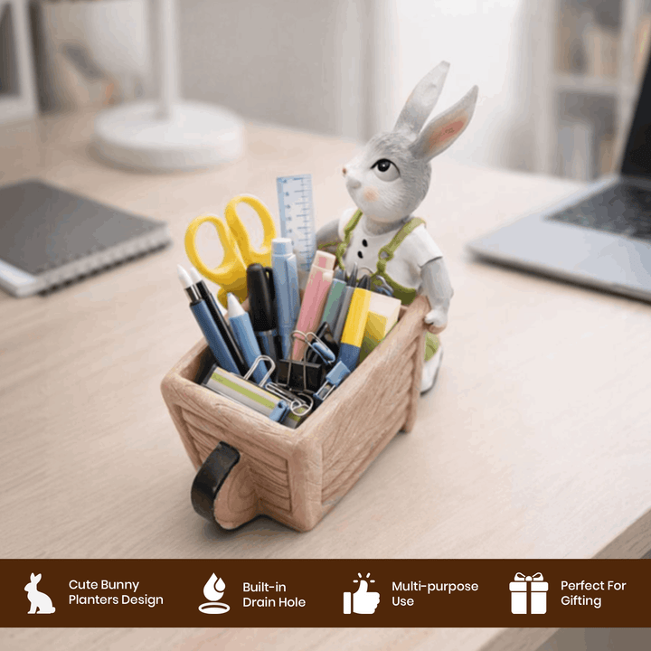 Little Gardener Set Rabbit Bunny Puppy Planter Polyresin Decorative Flower Pot Cute Animal Succulent Planter Cart Design Indoor Outdoor Garden Table Home Office Decor Propagator Kit Gift Set