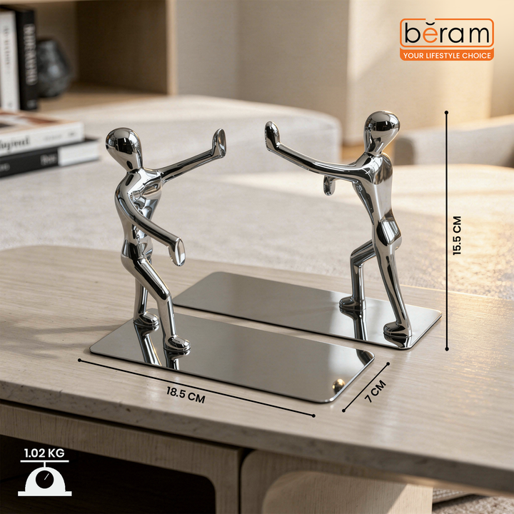BERAM Bookends Set of 2 Heavy Metal Book Ends Modern Human Figurine Design Anti Slip Sturdy Book Holder for Home Office and Library Decor Bookshelf Organizer