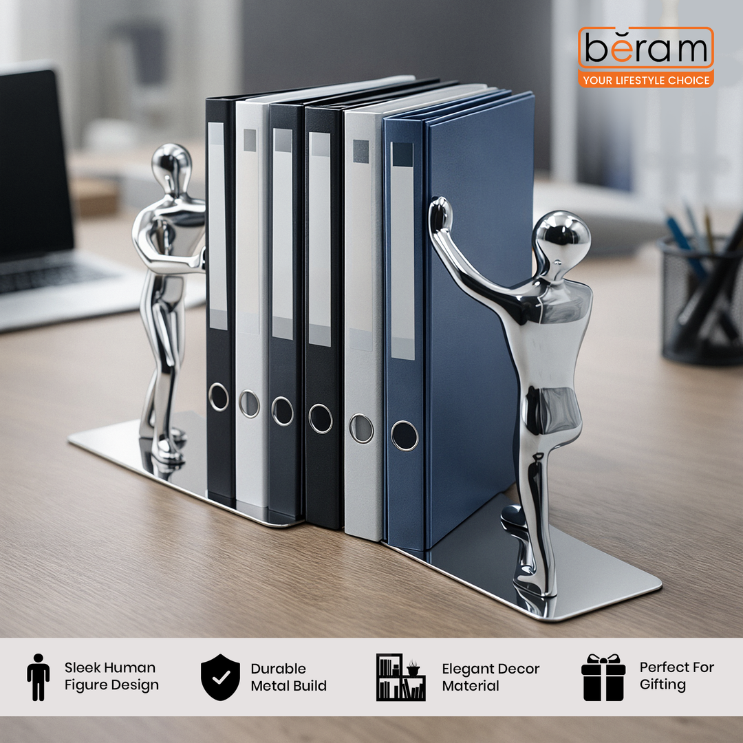 BERAM Bookends Set of 2 Heavy Metal Book Ends Modern Human Figurine Design Anti Slip Sturdy Book Holder for Home Office and Library Decor Bookshelf Organizer