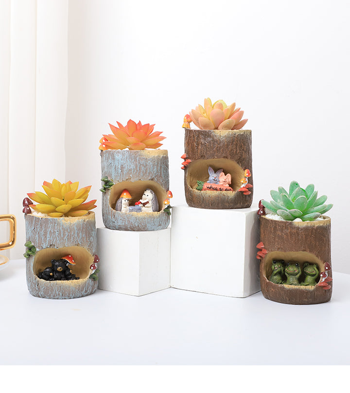Woodland Animal Planter Set Polyresin Decorative Flower Vase Cute Squirrel Bunny and Bear Succulent Pots Tree Trunk Design Indoor Outdoor Home Garden Decor Pen Pencil Holder Gift Epoxy Coated Finishing