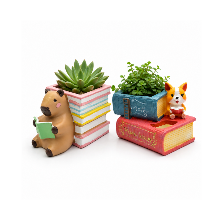 Reading 2Pcs Set Pig and Puppy Design Flower Pot Polyresin Decorative Planter for Succulents Mini Plants Indoor Outdoor Home Office Desk Décor Pen Pencil Holder Propagator Kit