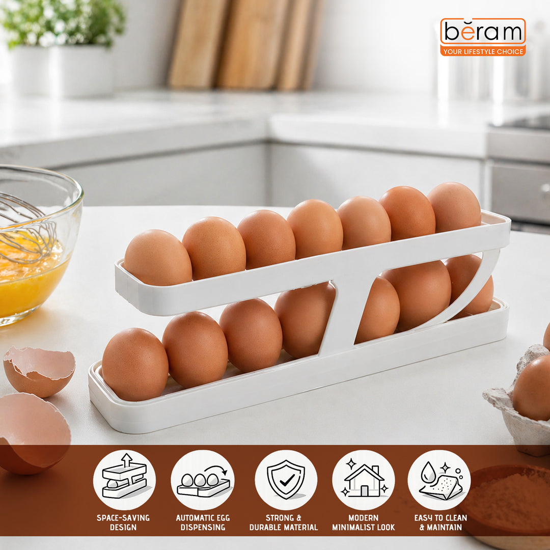 Beram Rolling Egg Dispenser – White 2-Tier Egg Holder Organizer Tray Rack Gravity-Fed Auto-Roll Egg Storage Container for Fridge & Countertop Holds 12–14 Eggs Durable GPPS + HIPS Mate