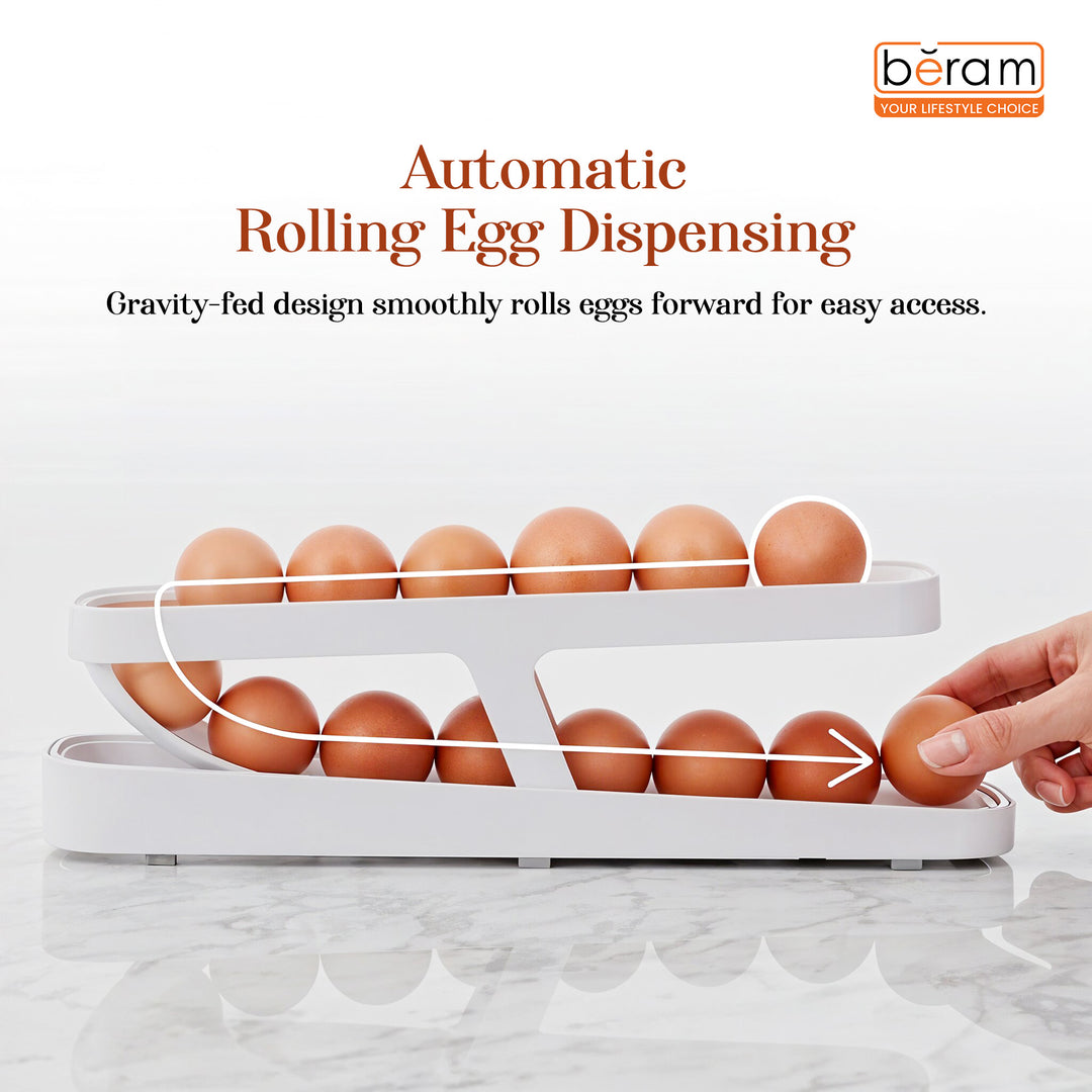 Beram Rolling Egg Dispenser – White 2-Tier Egg Holder Organizer Tray Rack Gravity-Fed Auto-Roll Egg Storage Container for Fridge & Countertop Holds 12–14 Eggs Durable GPPS + HIPS Mate
