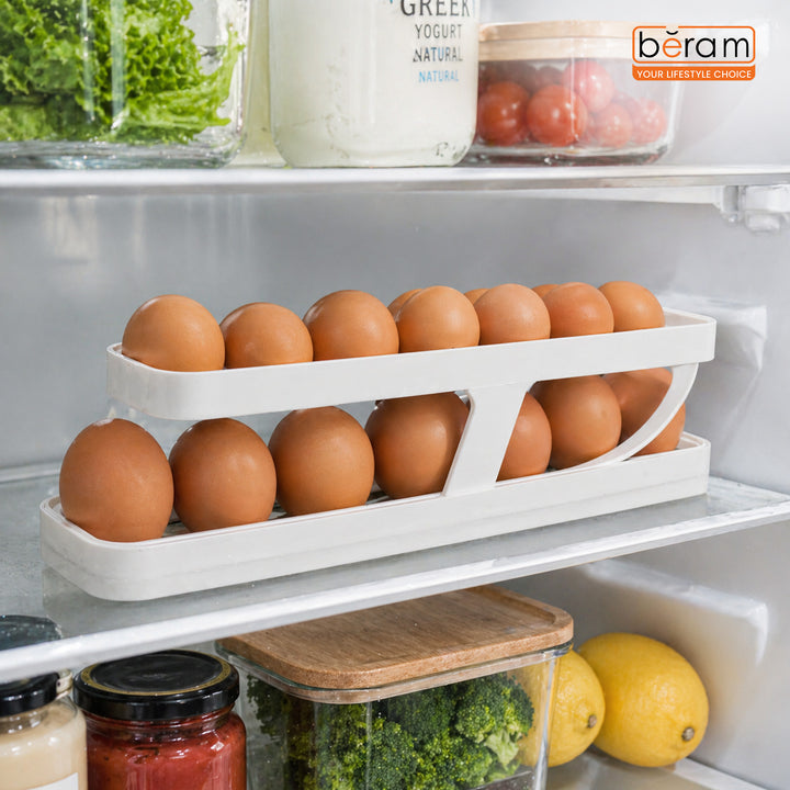 Beram Rolling Egg Dispenser – White 2-Tier Egg Holder Organizer Tray Rack Gravity-Fed Auto-Roll Egg Storage Container for Fridge & Countertop Holds 12–14 Eggs Durable GPPS + HIPS Mate
