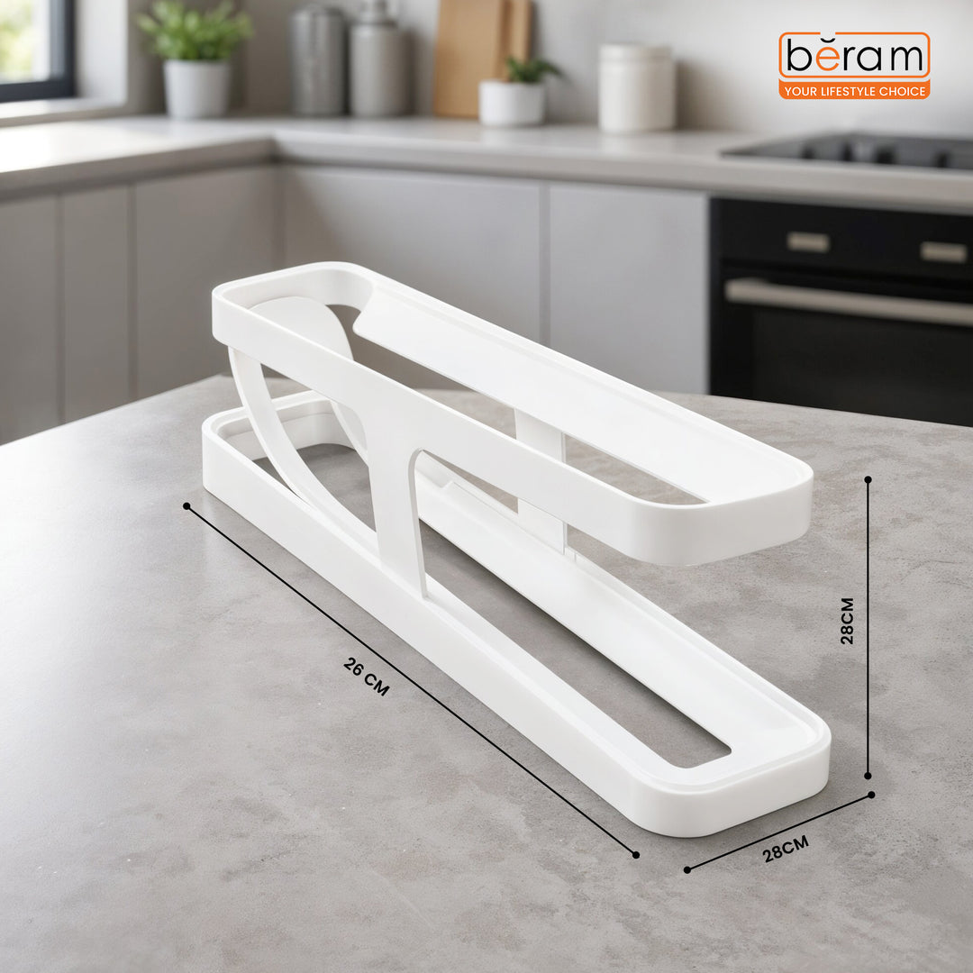 Beram Rolling Egg Dispenser – White 2-Tier Egg Holder Organizer Tray Rack Gravity-Fed Auto-Roll Egg Storage Container for Fridge & Countertop Holds 12–14 Eggs Durable GPPS + HIPS Mate