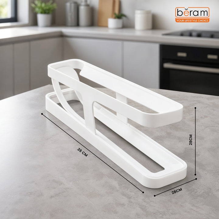 Beram Rolling Egg Dispenser – White 2-Tier Egg Holder Organizer Tray Rack Gravity-Fed Auto-Roll Egg Storage Container for Fridge & Countertop Holds 12–14 Eggs Durable GPPS + HIPS Mate