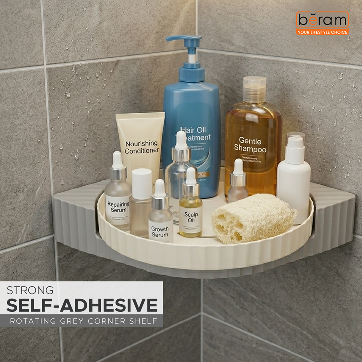 BERAM Bathroom Storage Rack Corner Rotating Shelf  Organizer with 360° Rotation Space-Saving Waterproof Wall Mounted  Self Adhesive Shower Shelf for Toiletries White and Grey