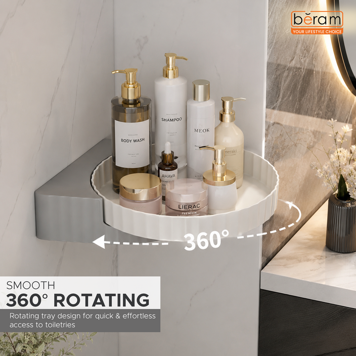 BERAM Bathroom Storage Rack Corner Rotating Shelf  Organizer with 360° Rotation Space-Saving Waterproof Wall Mounted  Self Adhesive Shower Shelf for Toiletries White and Grey