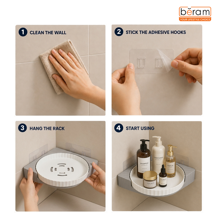 BERAM Bathroom Storage Rack Corner Rotating Shelf  Organizer with 360° Rotation Space-Saving Waterproof Wall Mounted  Self Adhesive Shower Shelf for Toiletries White and Grey