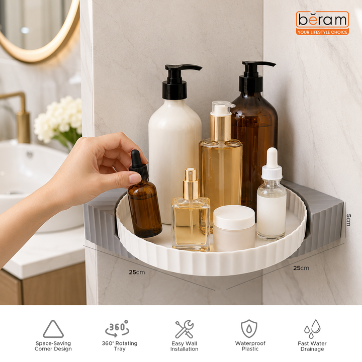 BERAM Bathroom Storage Rack Corner Rotating Shelf  Organizer with 360° Rotation Space-Saving Waterproof Wall Mounted  Self Adhesive Shower Shelf for Toiletries White and Grey