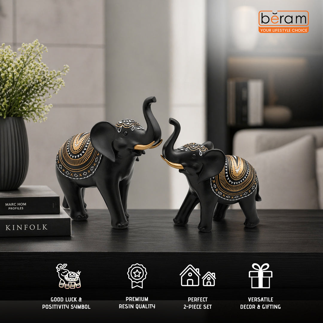 BERAM Royal Elephant Figurines Set of 2 Resin Elephant Statues with Gold Accents Lucky Trunk Up Elephant Décor for Living Room Bedroom Office and Home Decoration Perfect Housewarming Gift