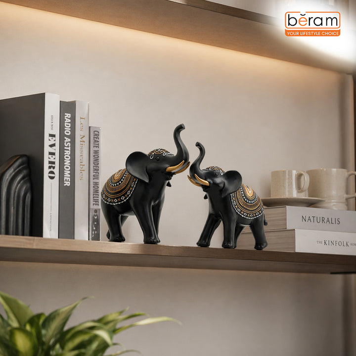 BERAM Royal Elephant Figurines Set of 2 Resin Elephant Statues with Gold Accents Lucky Trunk Up Elephant Décor for Living Room Bedroom Office and Home Decoration Perfect Housewarming Gift