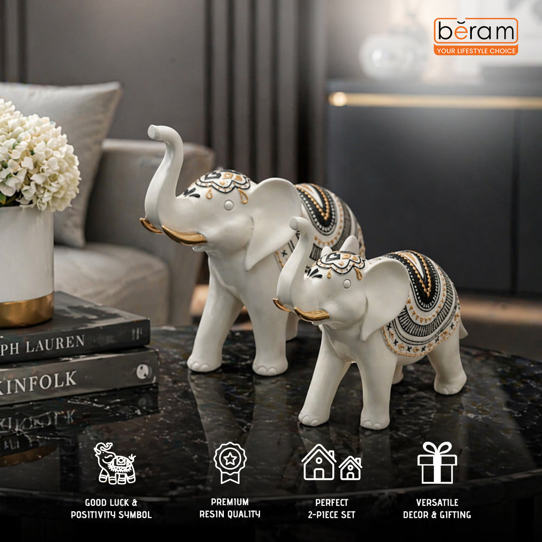 BERAM Royal Elephant Figurines Set of 2 Resin Elephant Statues with Gold Accents Lucky Trunk Up Elephant Décor for Living Room Bedroom Office and Home Decoration Perfect Housewarming Gift