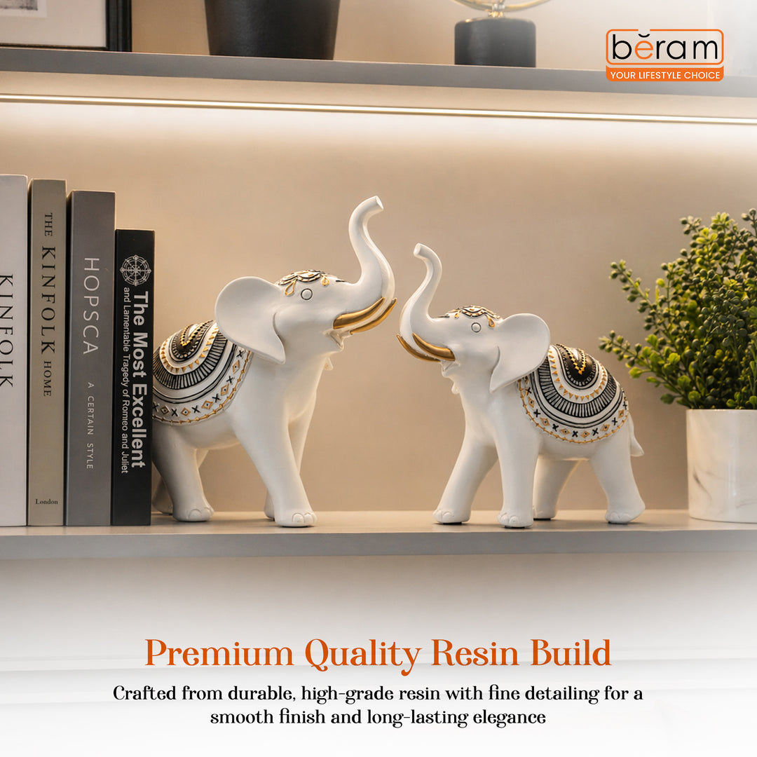 BERAM Royal Elephant Figurines Set of 2 Resin Elephant Statues with Gold Accents Lucky Trunk Up Elephant Décor for Living Room Bedroom Office and Home Decoration Perfect Housewarming Gift