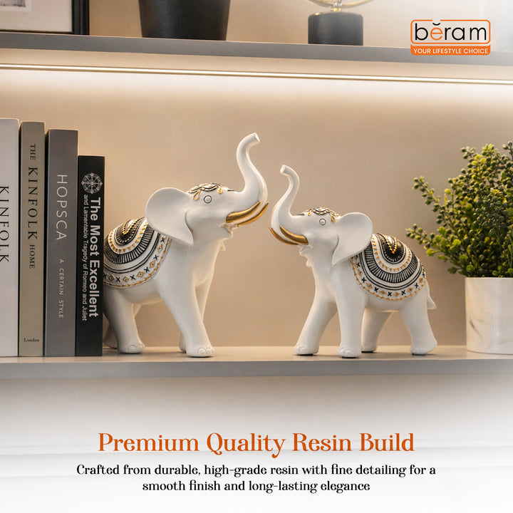 BERAM Royal Elephant Figurines Set of 2 Resin Elephant Statues with Gold Accents Lucky Trunk Up Elephant Décor for Living Room Bedroom Office and Home Decoration Perfect Housewarming Gift