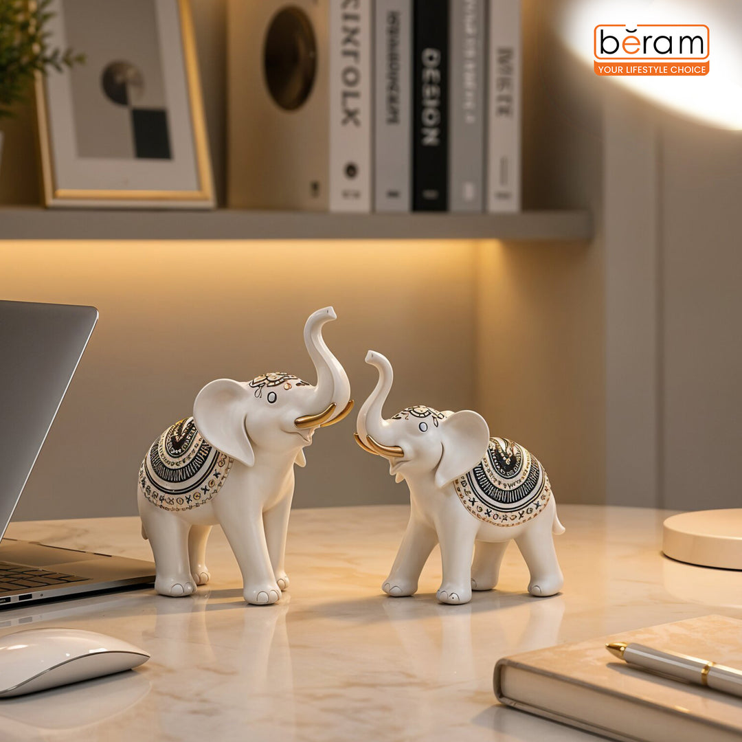 BERAM Royal Elephant Figurines Set of 2 Resin Elephant Statues with Gold Accents Lucky Trunk Up Elephant Décor for Living Room Bedroom Office and Home Decoration Perfect Housewarming Gift