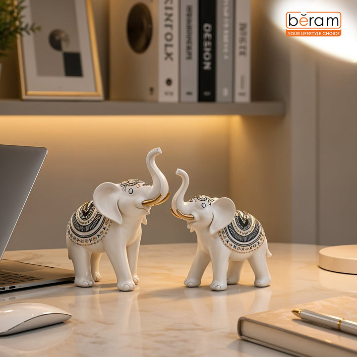 BERAM Royal Elephant Figurines Set of 2 Resin Elephant Statues with Gold Accents Lucky Trunk Up Elephant Décor for Living Room Bedroom Office and Home Decoration Perfect Housewarming Gift
