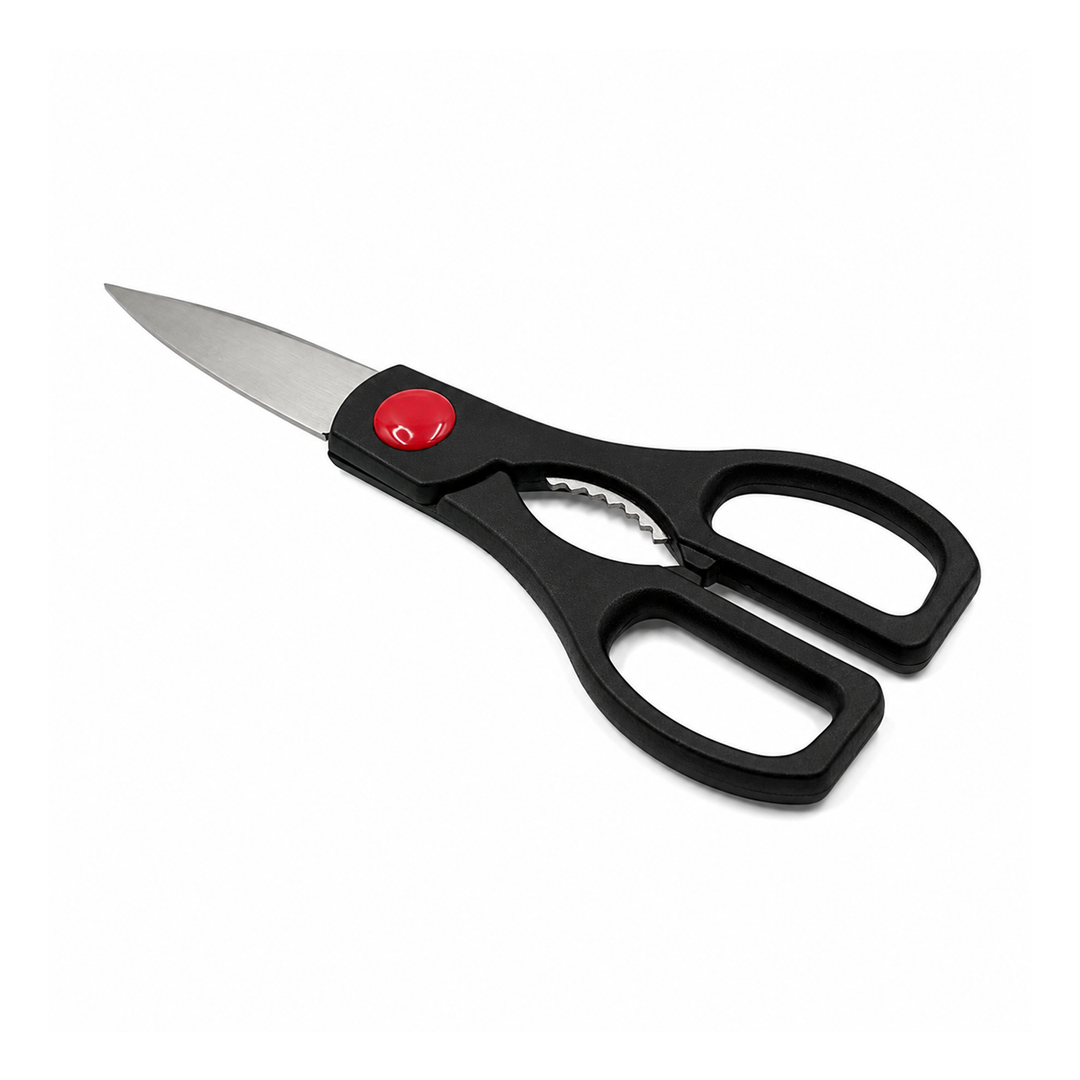 Beram 8Inch Multipurpose Stainless Steel Kitchen Scissors with Nutcracker & Bottle Opener Ultra Sharp Heavy Duty Shears with Red Black Handle Serrated Blades - Home Office Cooking Daily Cutting Tasks