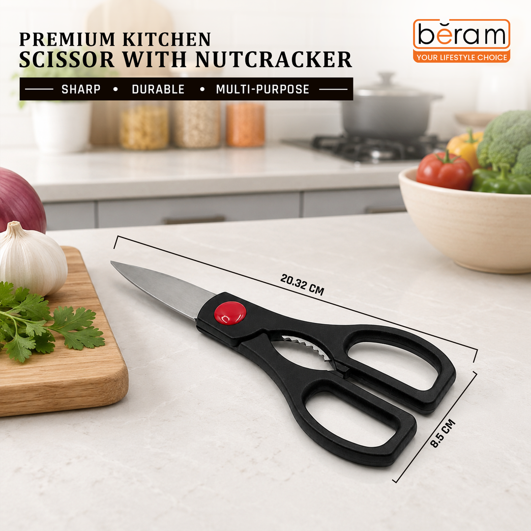 Beram 8Inch Multipurpose Stainless Steel Kitchen Scissors with Nutcracker & Bottle Opener Ultra Sharp Heavy Duty Shears with Red Black Handle Serrated Blades - Home Office Cooking Daily Cutting Tasks