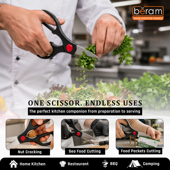 Beram 8Inch Multipurpose Stainless Steel Kitchen Scissors with Nutcracker & Bottle Opener Ultra Sharp Heavy Duty Shears with Red Black Handle Serrated Blades - Home Office Cooking Daily Cutting Tasks