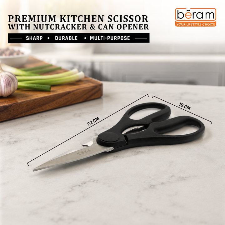 BERAM Multipurpose Kitchen Shears with Nutcracker and Can Opener Heavy Duty 2CR13 Stainless Steel Blades Sharp Rustproof Scissors for Cooking and Household Use