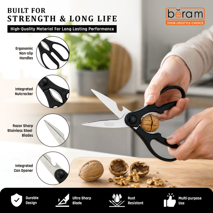 BERAM Multipurpose Kitchen Shears with Nutcracker and Can Opener Heavy Duty 2CR13 Stainless Steel Blades Sharp Rustproof Scissors for Cooking and Household Use